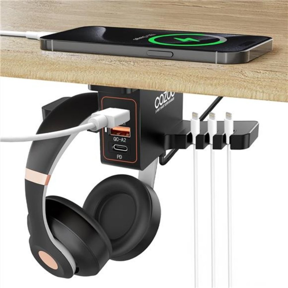 Headphone Stand with USB Charger Under Desk Headset Holder Mount with 3 Port USB